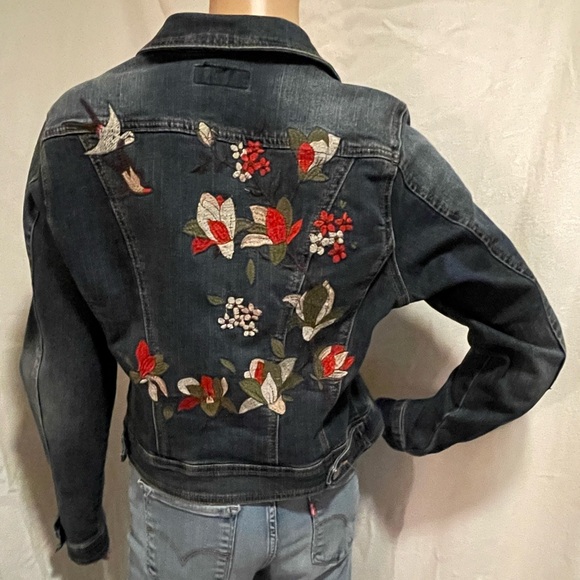 Earl Jeans Jackets & Blazers - Earl Jeans Dark Blue Denim Jacket with Red & Green Floral Embroidery